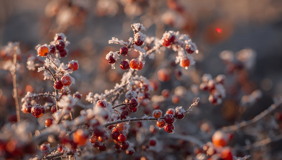 Frosted red-orange berries sparkling in golden winter morning light