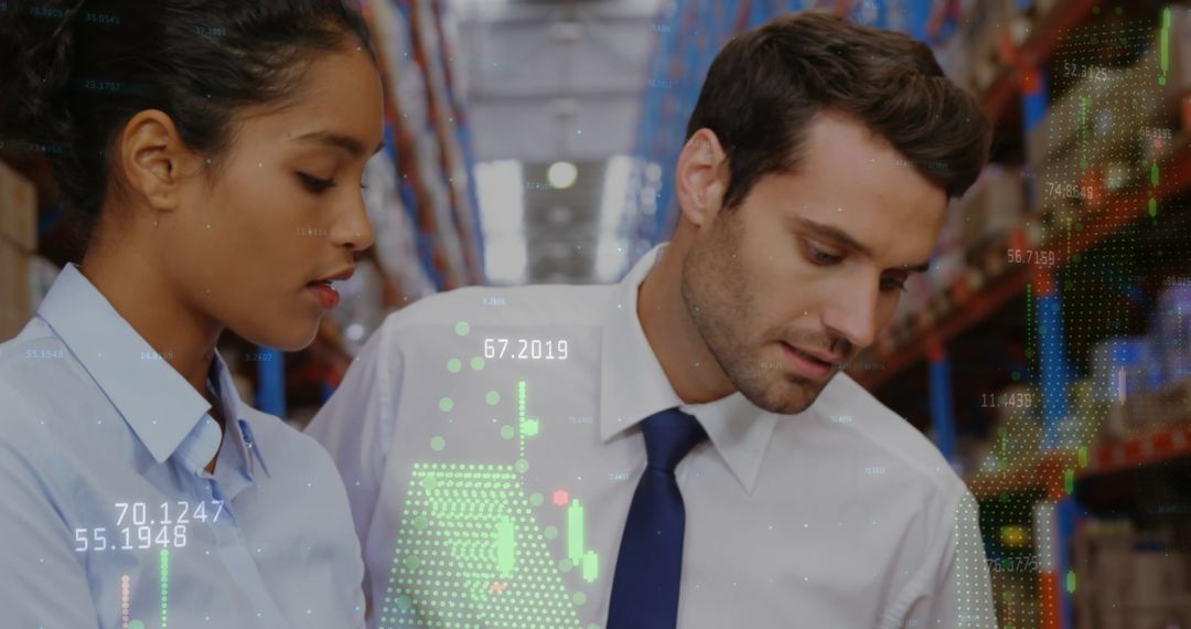 Diverse Professionals Analyzing Digital Data in Warehouse Environment