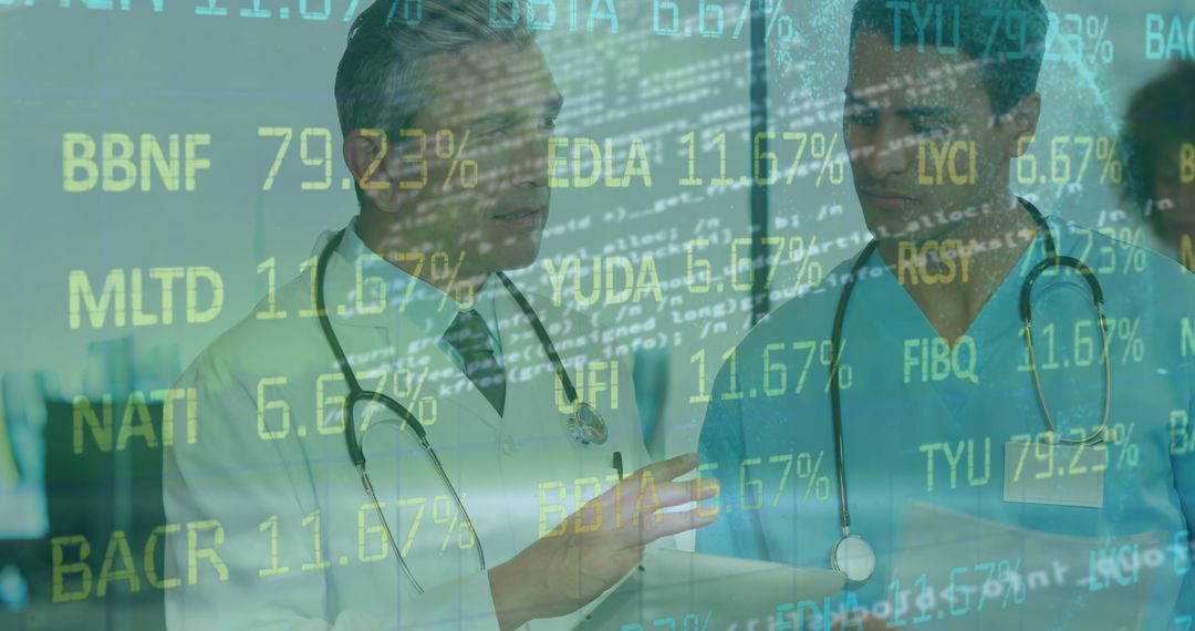 Doctors Discussing Health Statistics With Financial Data Overlay