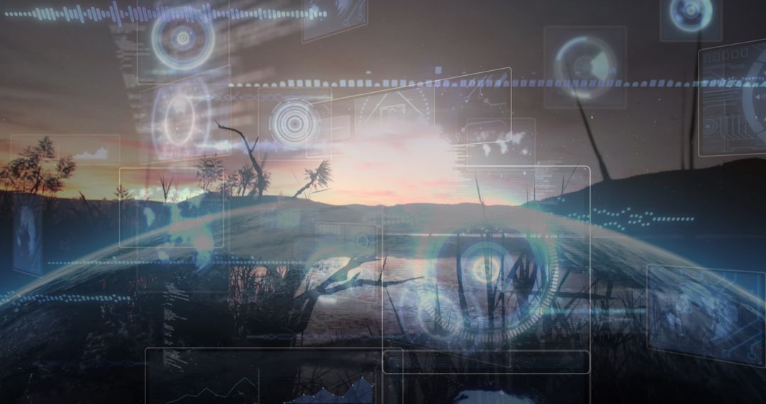 Futuristic Data Interface Over Scenic Landscape