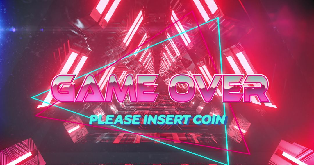 Retro Game Over Neon Tunnel with 'Please Insert Coin' Message