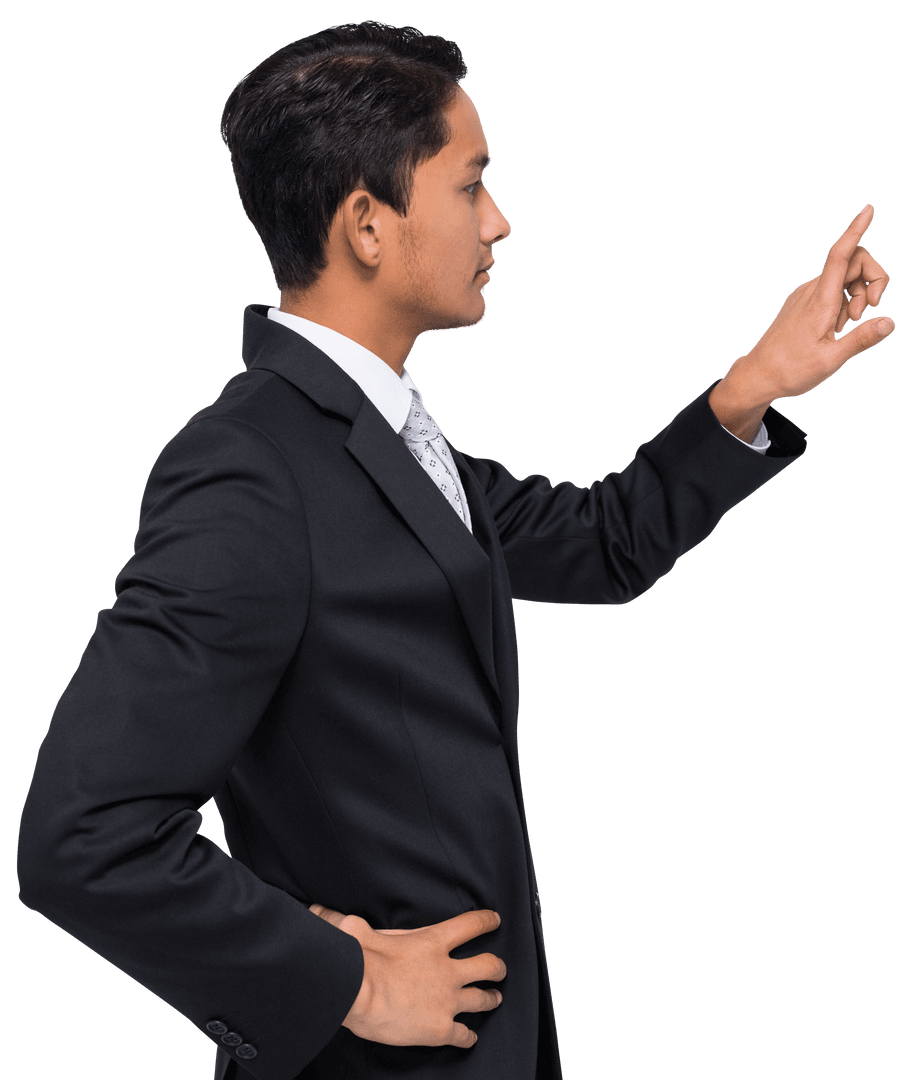 Biracial Businessman Touching Virtual Screen Transparent Background