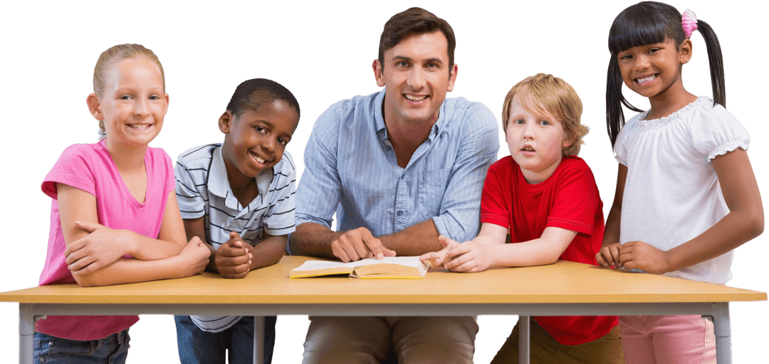 Transparent Teacher with Diverse Students Smiling Together