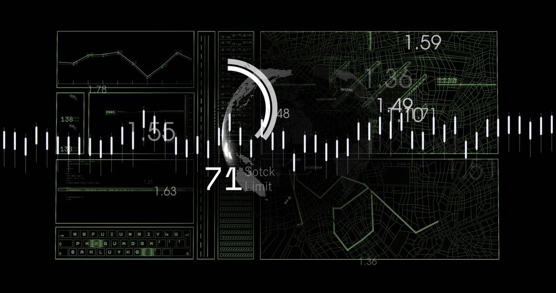 Futuristic Data Interface with Globe and Graphs on Black Background