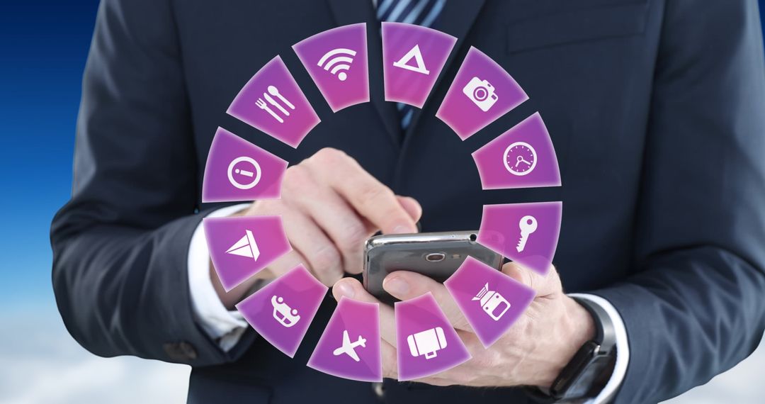 Businessman Navigating Travel App Interface on Smartphone