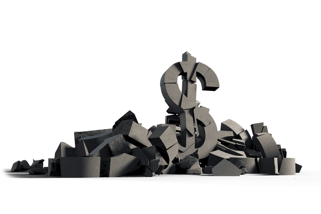 Crumbled Dollar Symbols on Transparent Background Indicates Fragile Economy