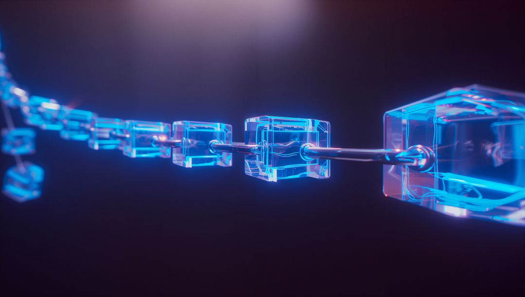 Futuristic Glass Cubes Lined in Neon Blue and Magenta glow in Digital Space