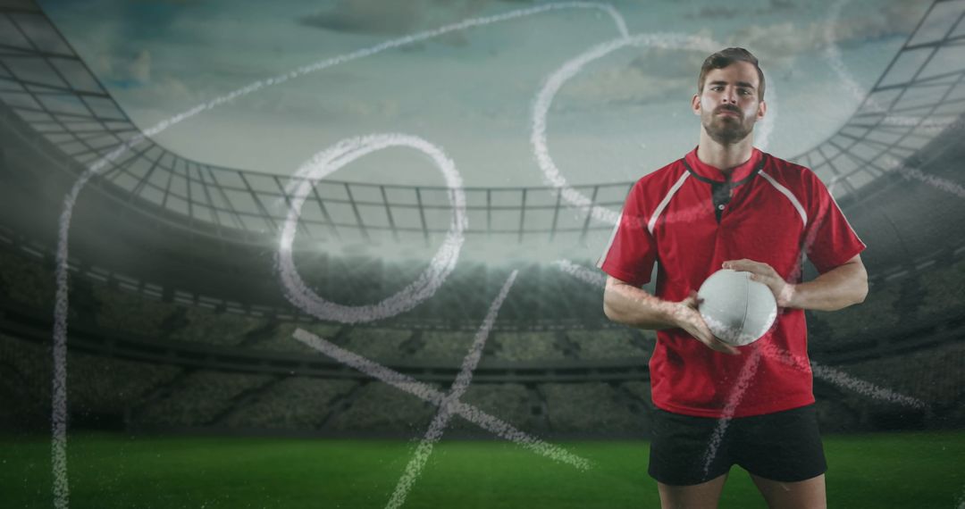 Rugby Player Strategizing with Game Plan in Stadium