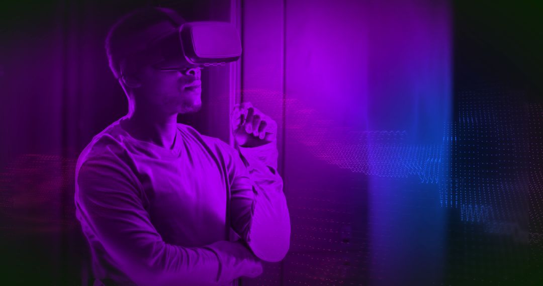 African American Man Using VR Headset in Abstract Digital Space