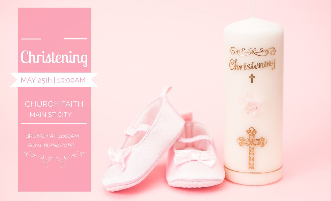 Lovely Pink Christening Invitation Template with Baby Shoes and Candle - Download Free Stock Templates Pikwizard.com