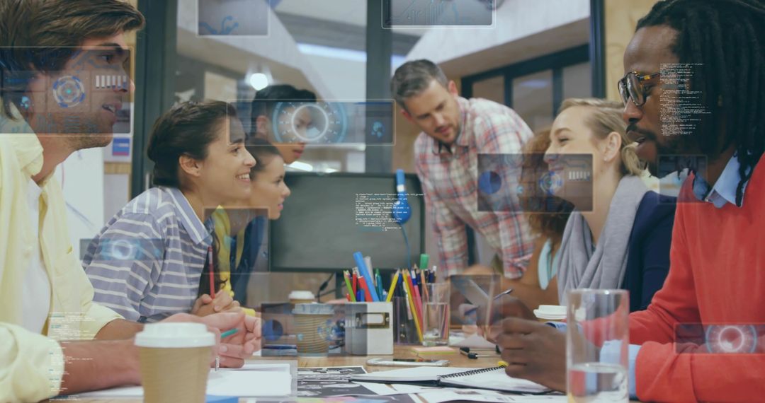 Diverse Team Collaborating on Project with Futuristic Overlays