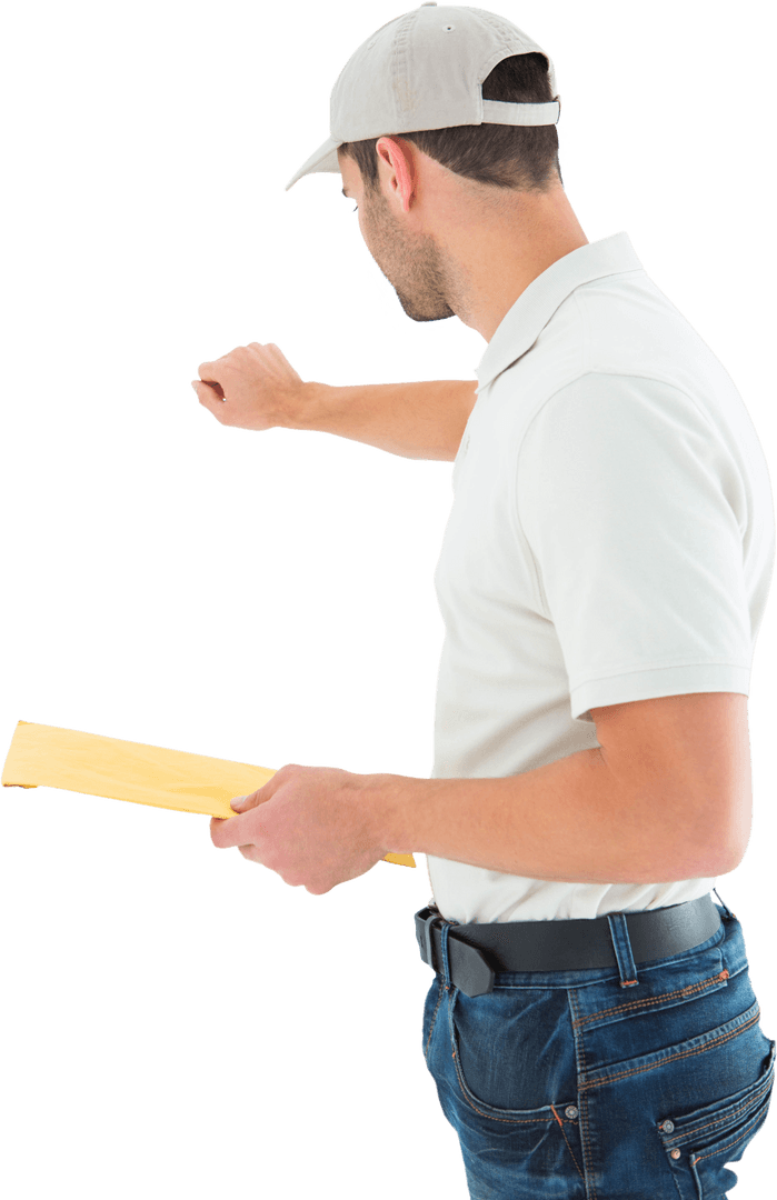 Delivery Man with Envelope Knocking Transparent Background
