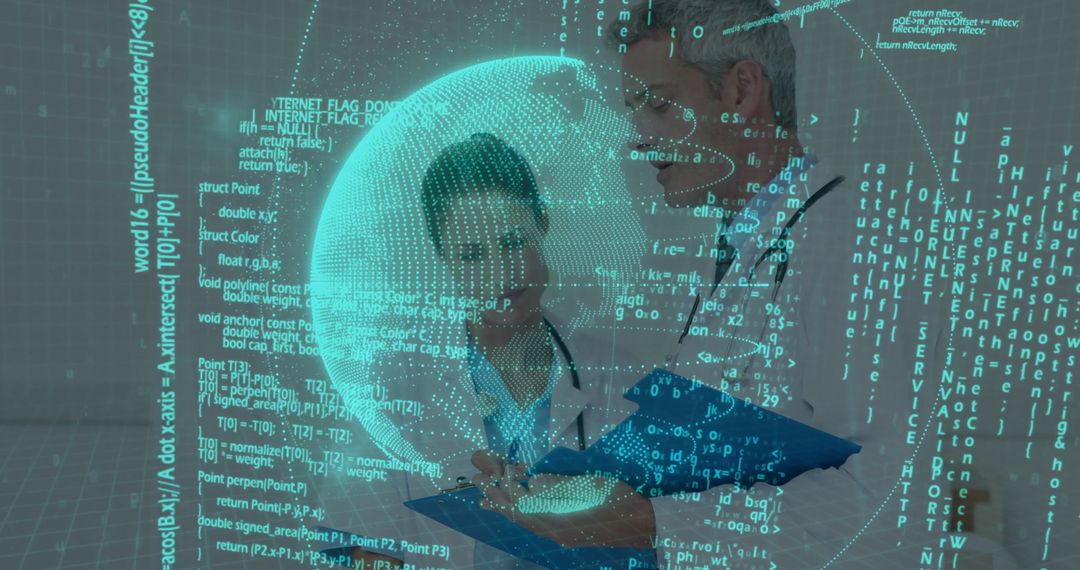 Doctors Analyzing Patient Charts with Digital Globe Interface