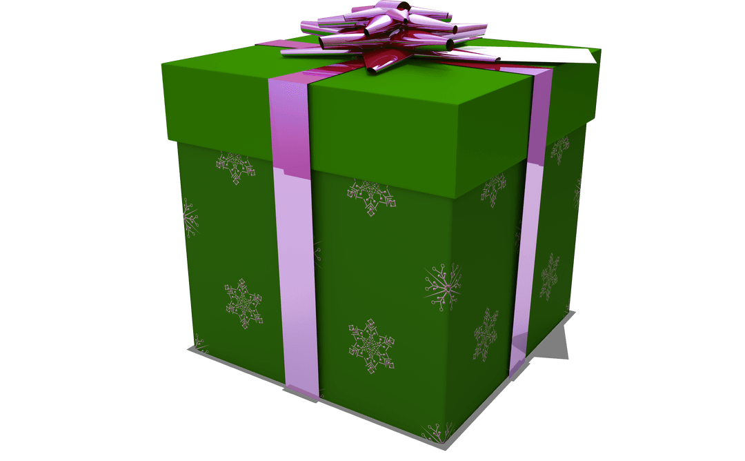 Transparent Green Christmas Gift Box with Purple Bow and Snowflakes