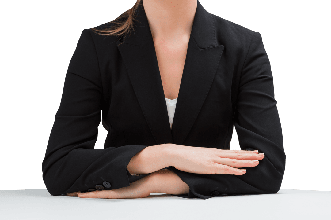 Transparent Businesswoman with Crossed Arms in Black Suit