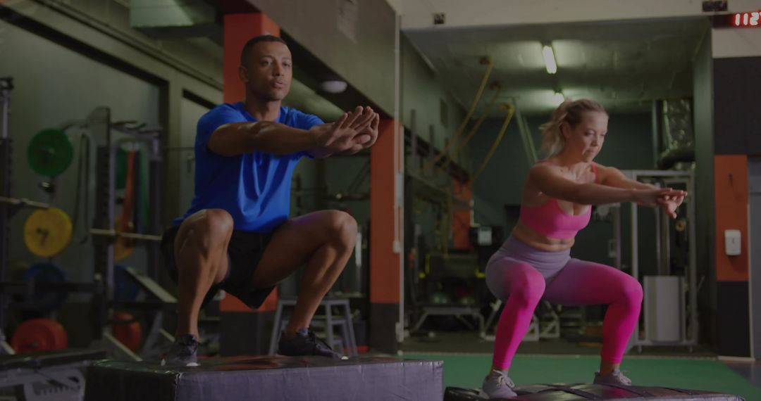 Athletic pair performing plyo box squats in gym building leg strength and coordination
