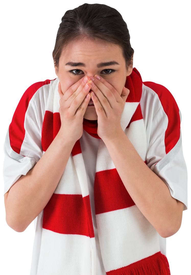 Nervous Football Fan Wearing Striped Scarf and Team Shirt on Transparent Background - Download Free Stock Images Pikwizard.com