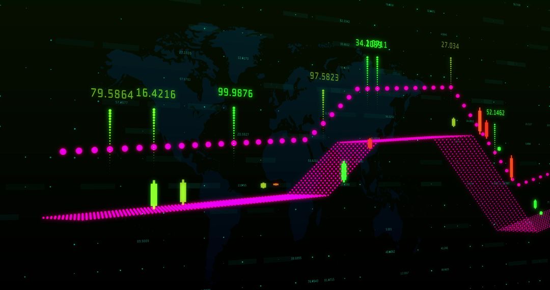 Global Stock Market Data Over World Map with Neon Graphics
