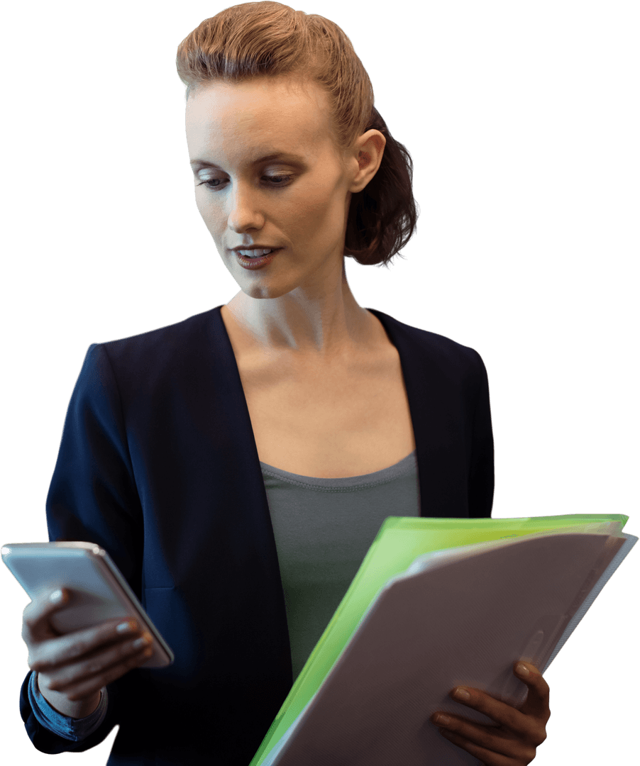 Transparent Businesswoman Multitasking with Phone and Files