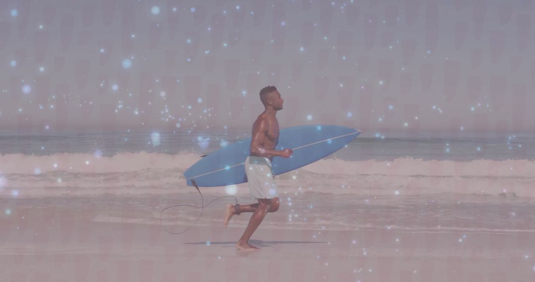 Running Surfer with Blue Surfboard Ready for Ocean Adventure