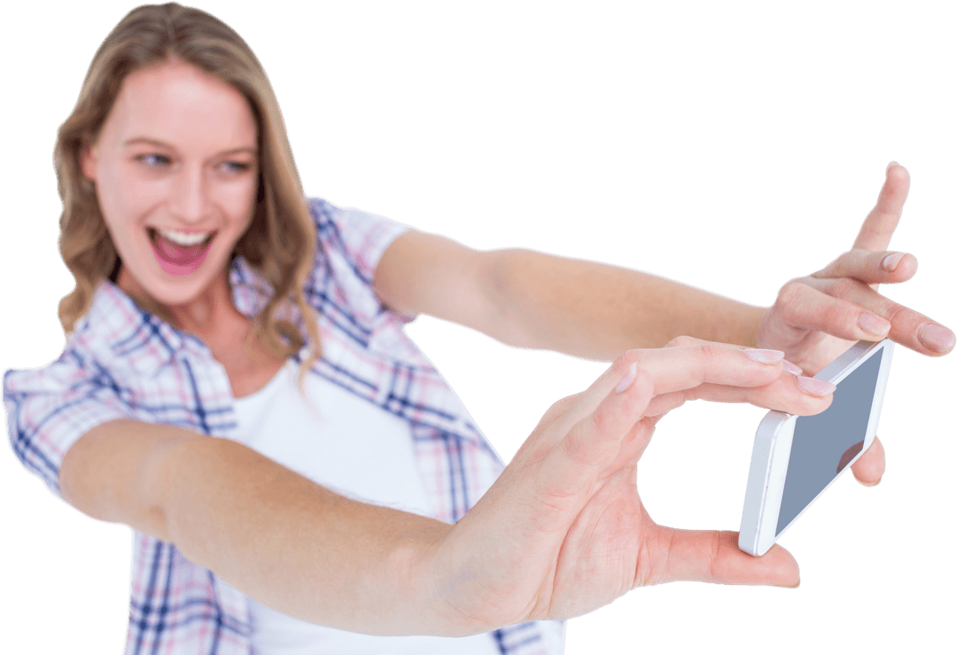 Energetic Woman Using Smartphone for Fun Selfie on Transparent Background