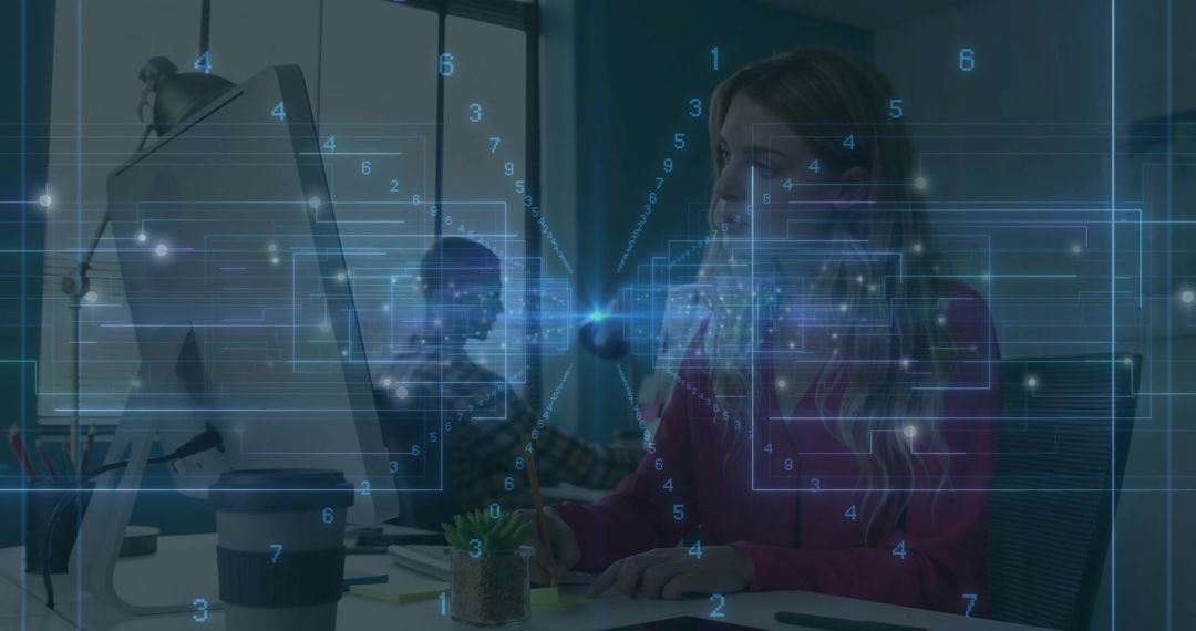 Writing woman checking monitor and scribbling sticky note with digital analytics overlay