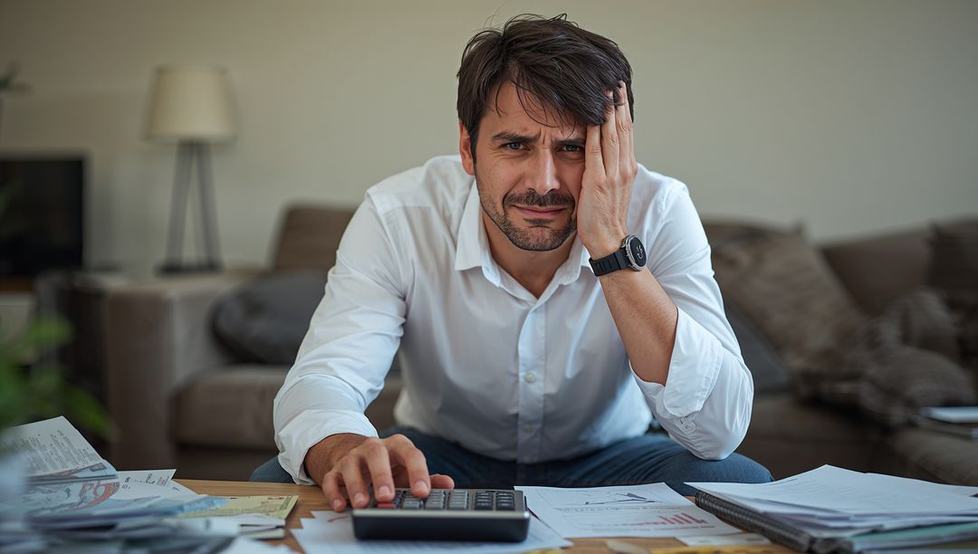 Frustrated Man Calculating Home Expenses at Living Room Table