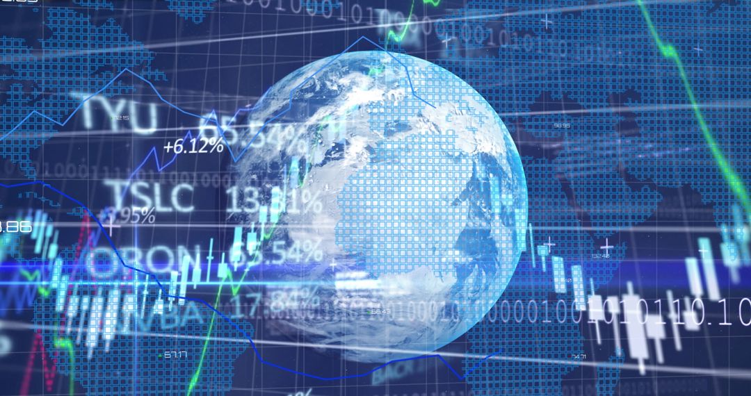 Digital Globe Surrounded by Financial Graphs and Market Data Symbolizing Global Economy