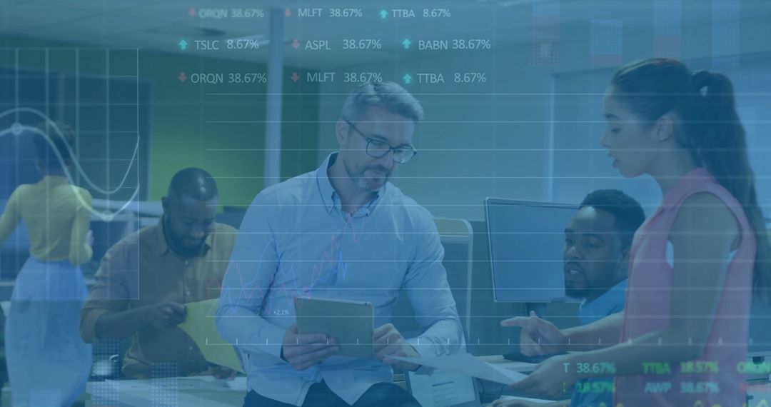 Business Team Collaborating with Financial Data Overlay in Modern Office