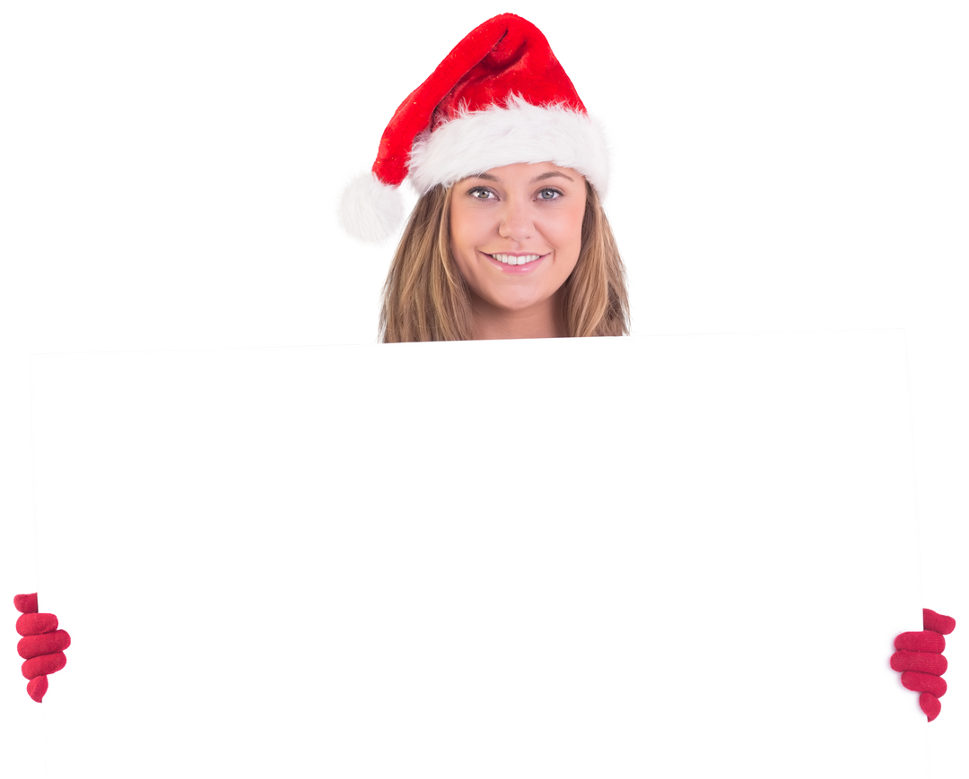 Smiling Woman with Santa Hat Holding Blank Transparent Banner - Download Free Stock Images Pikwizard.com