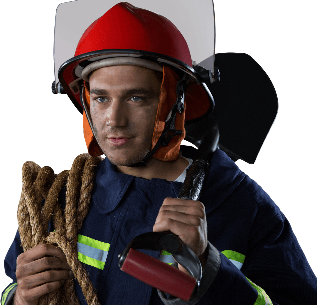 Caucasian Male Firefighter Holding Rope and Axe on Transparent Background