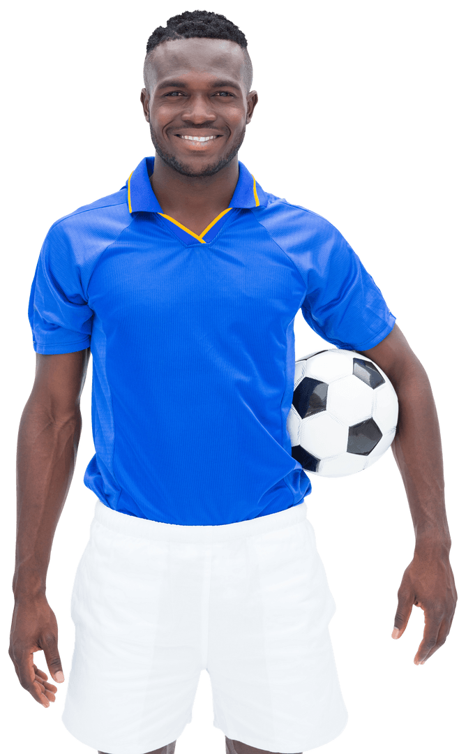 Smiling Soccer Player Holds Ball on Transparent Background