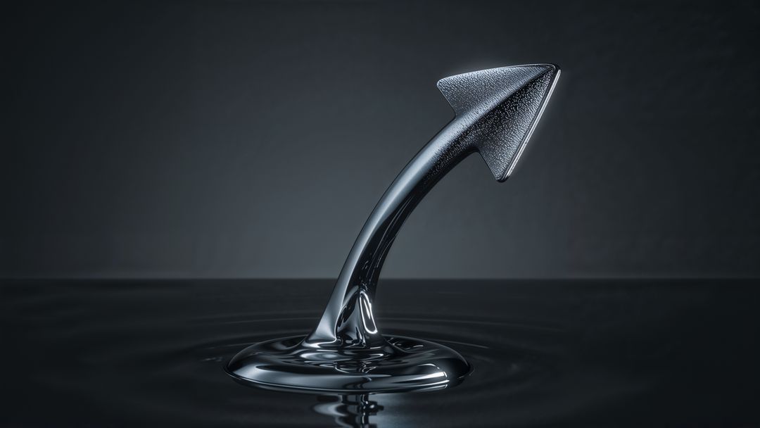 Sleek metallic curved arrow emerging from rippled pool