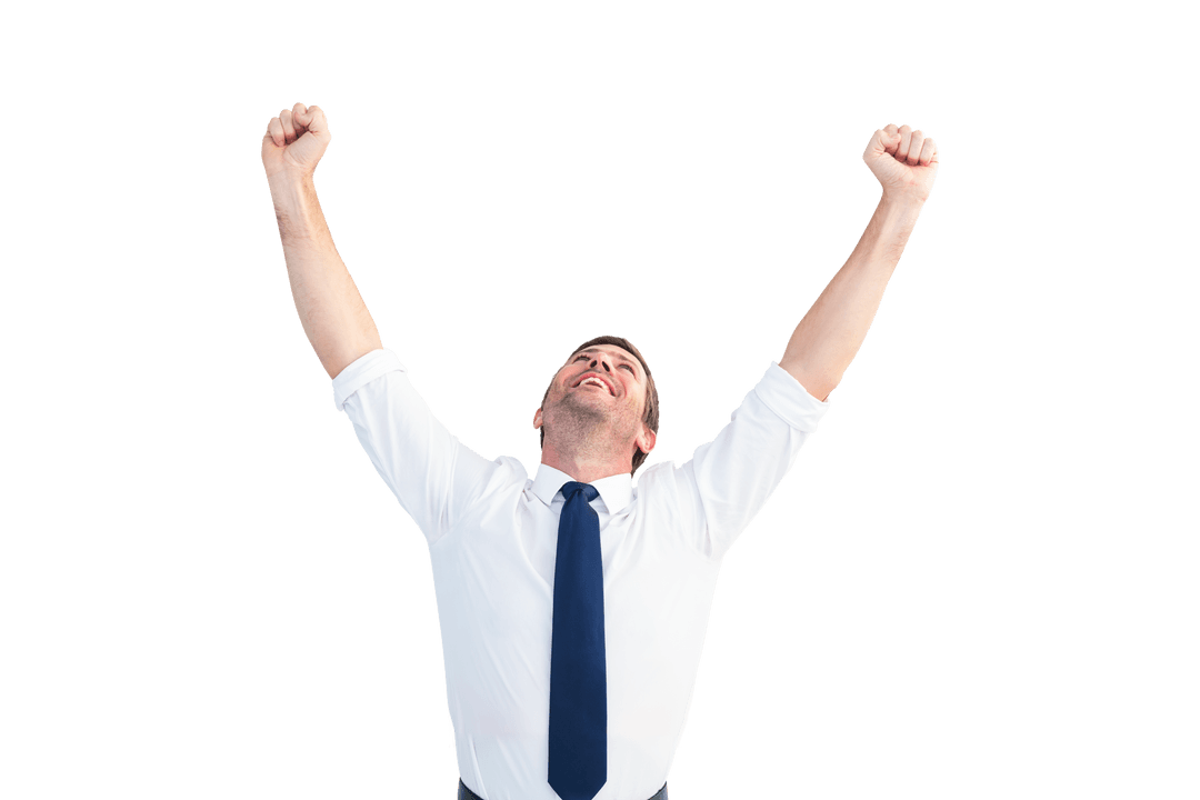 Joyful Businessman with Raised Arms on Transparent Background