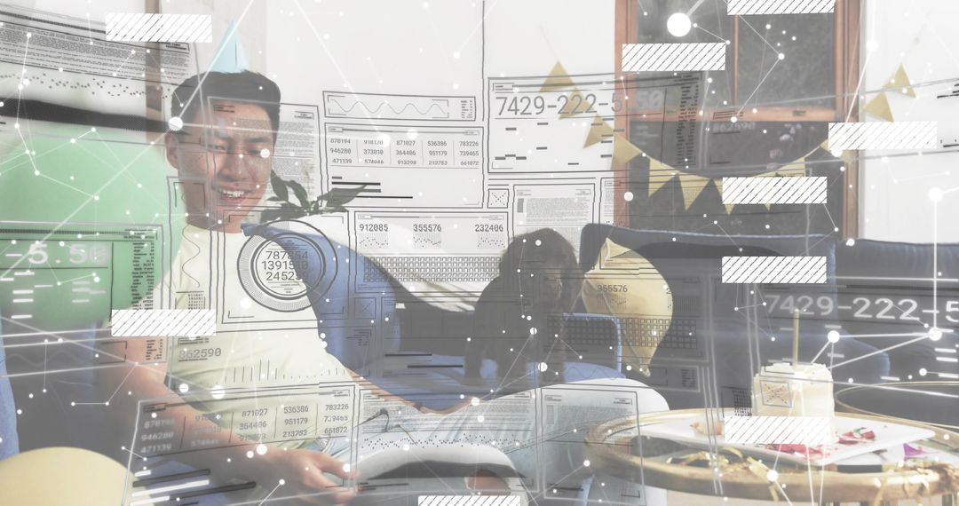 Couple Relaxing on Sofa with Augmented Reality Interface Overlays in Cozy Living Room