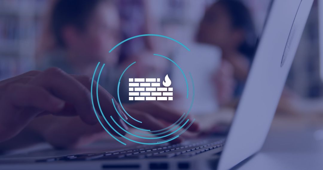 Firewall Icon Overlay with Businesswoman Typing on Laptop