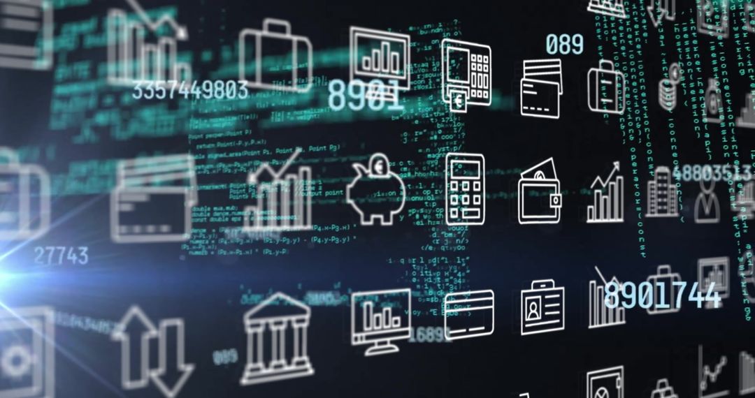 Financial Data Processing and Business Icons on Dark Background