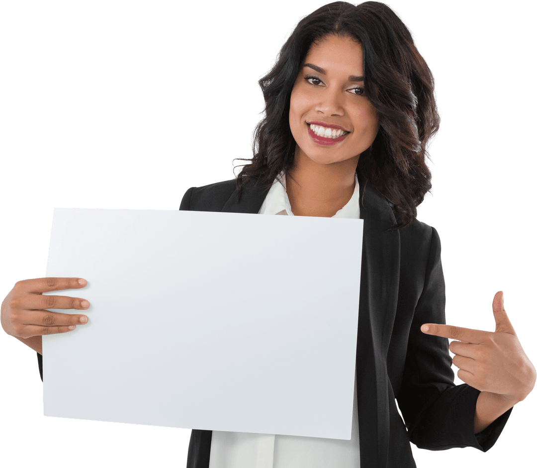 Transparent Smiling Businesswoman Pointing at Blank Placard