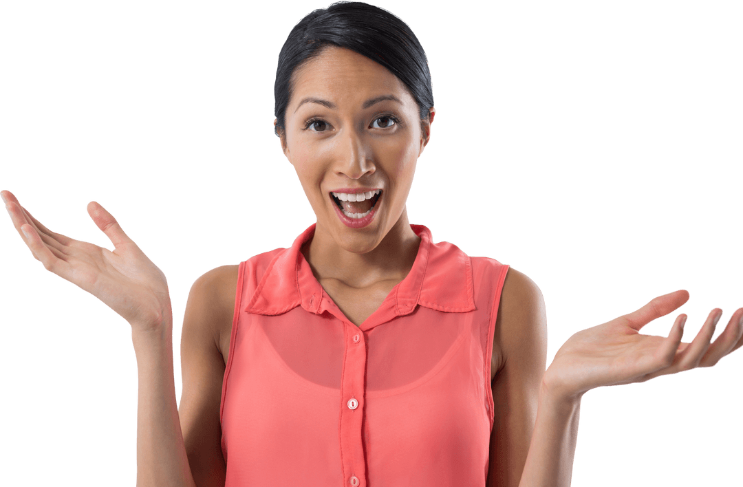 Surprised Woman Gesturing with Open Hands on Transparent Background