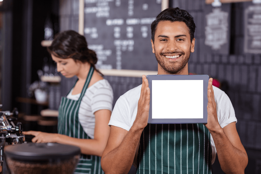 Happy Man Holding Tablet with Blank Screen on Transparent Background