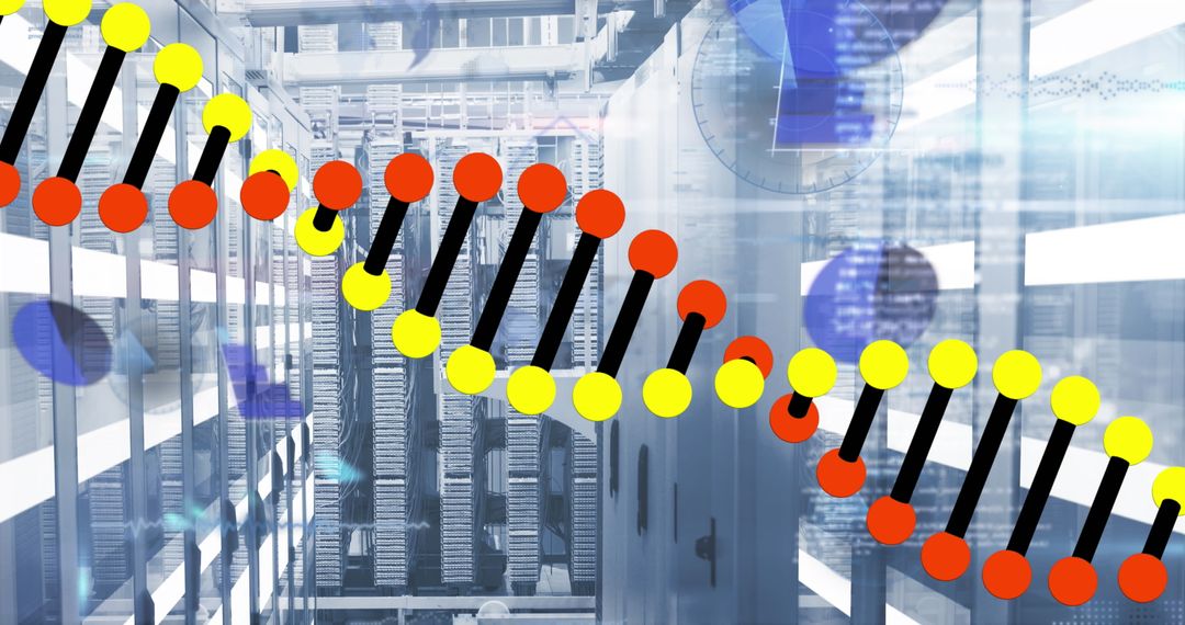 Futuristic Data Center with Stylized DNA Helix Overlay