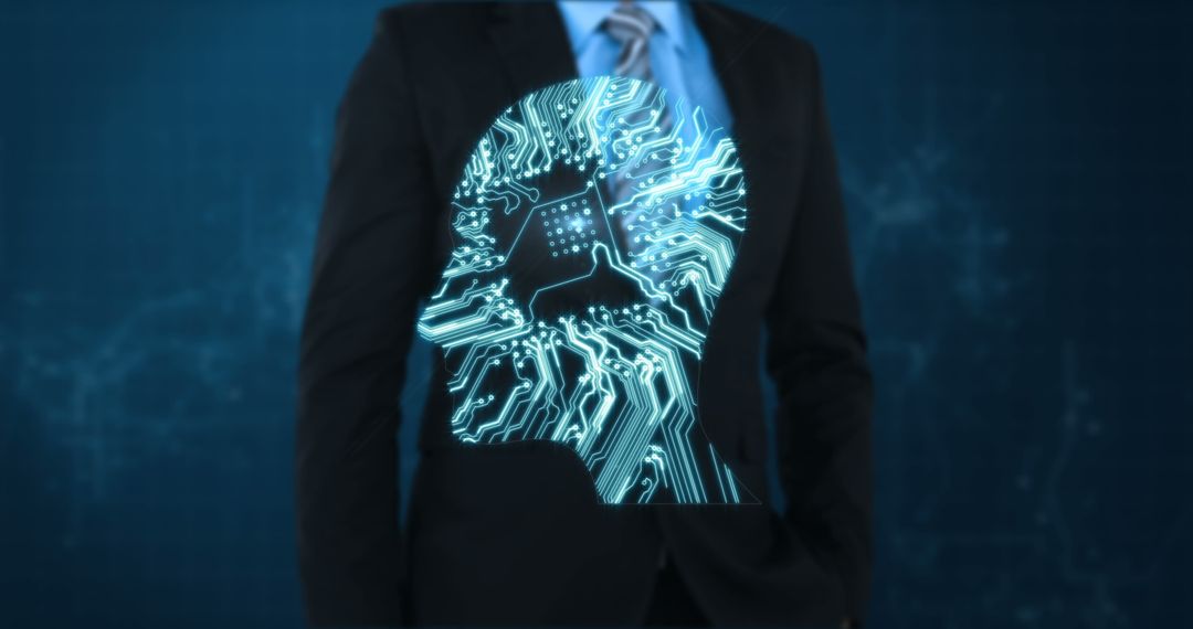 Businessman with Digital Circuit Overlay Symbolizing AI Innovation