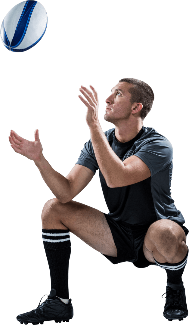 Rugby Player Catching Ball in Action Pose, Transparent Background