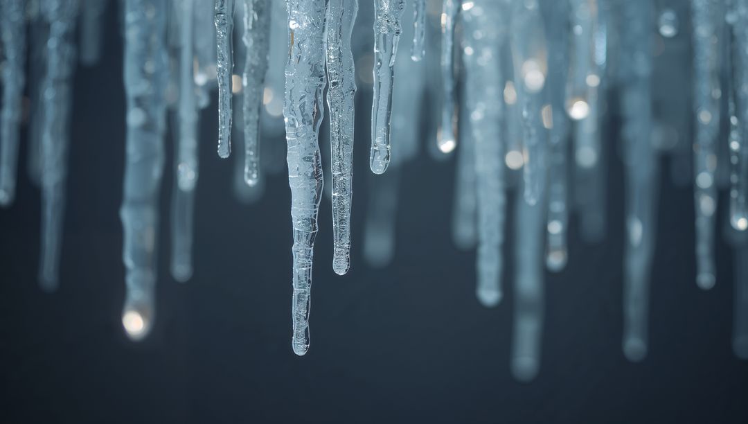 Translucent Icicles with Melt Droplets and Frost Detail, Blue Bokeh Winter Ice Texture