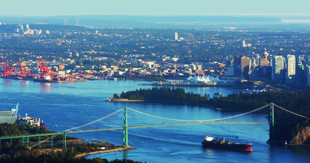 Panoramic View of Vancouver Harbor with Lions Gate Bridge - Free Images, Stock Photos and Pictures on Pikwizard.com