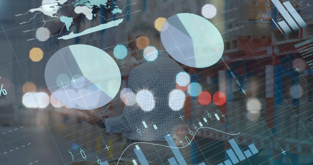 Warehouse Worker with Overlay of Financial Data and Graphs