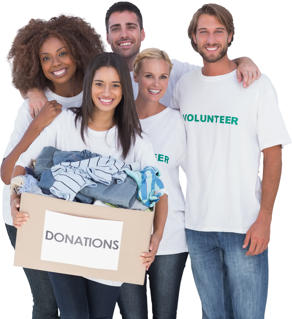 Smiling Group of Happy Volunteers Holding Donations Box Transparent Background - Download Free Stock Images Pikwizard.com