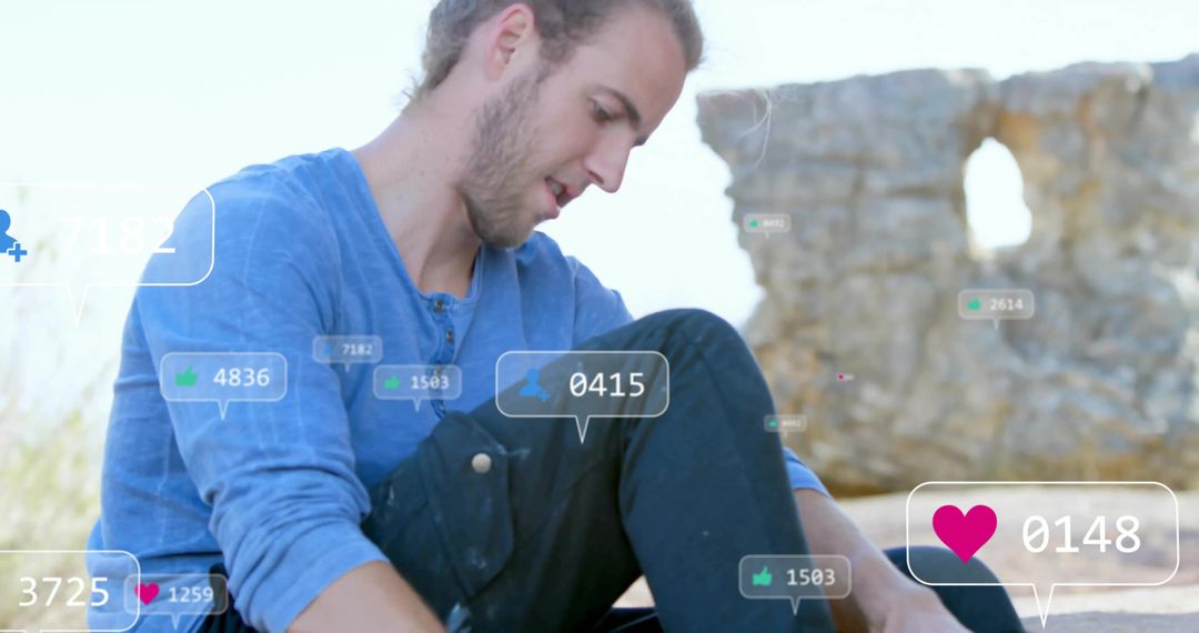 Man Leaning on Rocky Outcrop Engaged with Social Media on Outing
