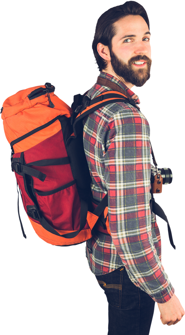 Transparent portrait of smiling hiker with backpack and camera - Download Free Stock Images Pikwizard.com