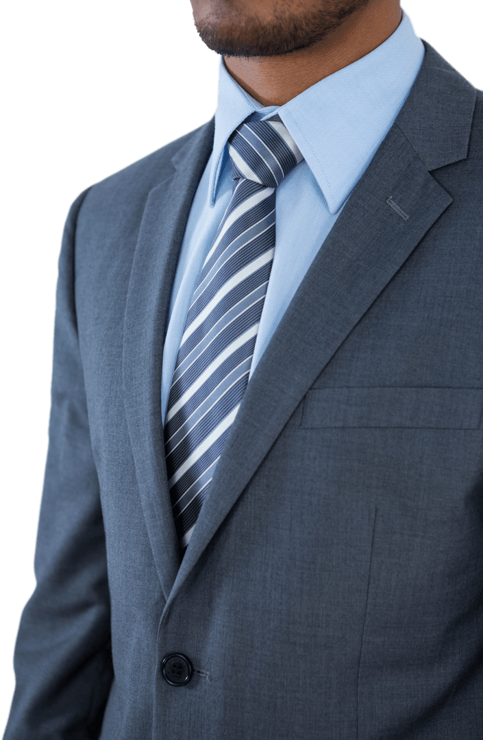 Mid Section of Businessman in Suit and Striped Tie on Transparent Background